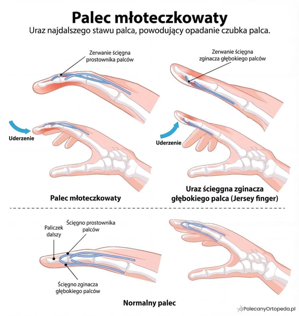 anatomiczna grafika przedstawiająca palec młotkowaty i uraz ścięgna zginacza głębokiego palców